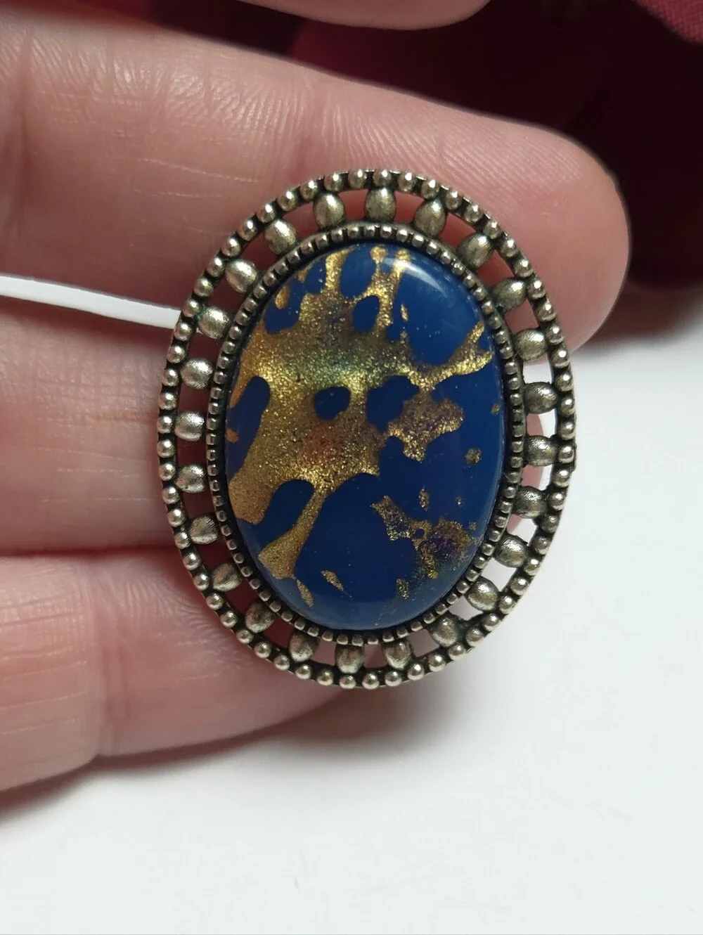 Handmade Blue & Metallic Gold Paint Swirl Silver Tone Brooch